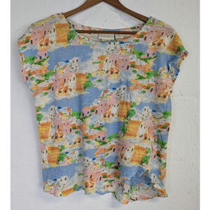 Cynthia Rowley Linen Shirt Colorful Greece Islands Vacation Lightweight Large